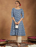 Janasya Women's Indigo Blue & Beige Pure Cotton Paisley Printed Anarkali Kurta With Palazzo Set